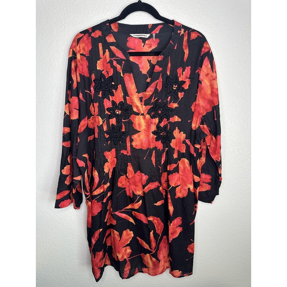 Soft Surroundings Tunic Top Womens 2XL Black Red Floral Embroidered Boho Blouse